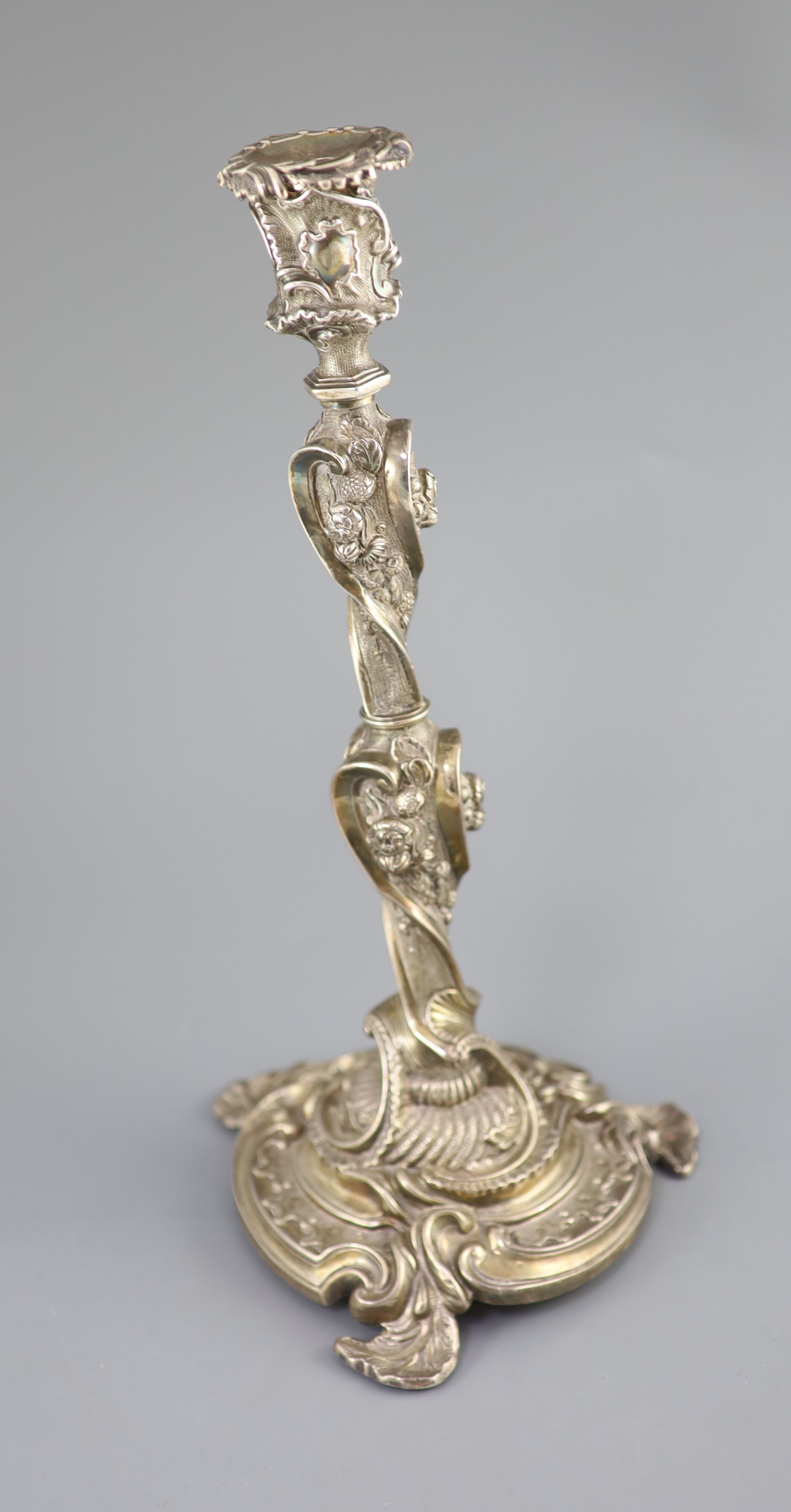 An ornate George III silver three branch, three light candelabrum, by Samuel Roberts, George Cadman & Co (a.f.),